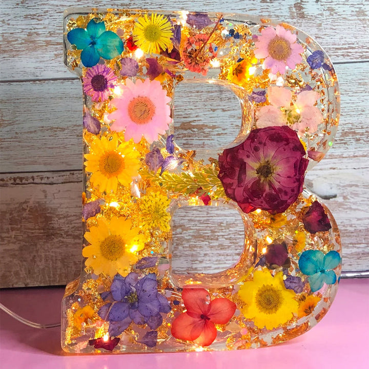 LumiFlair Floral Initial Night Light | Personalised Resin Light with Soft LED Light