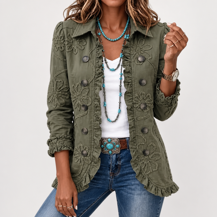 Floral Embroidered Utility Jacket – Vintage Boho Style with Ruffle Trim