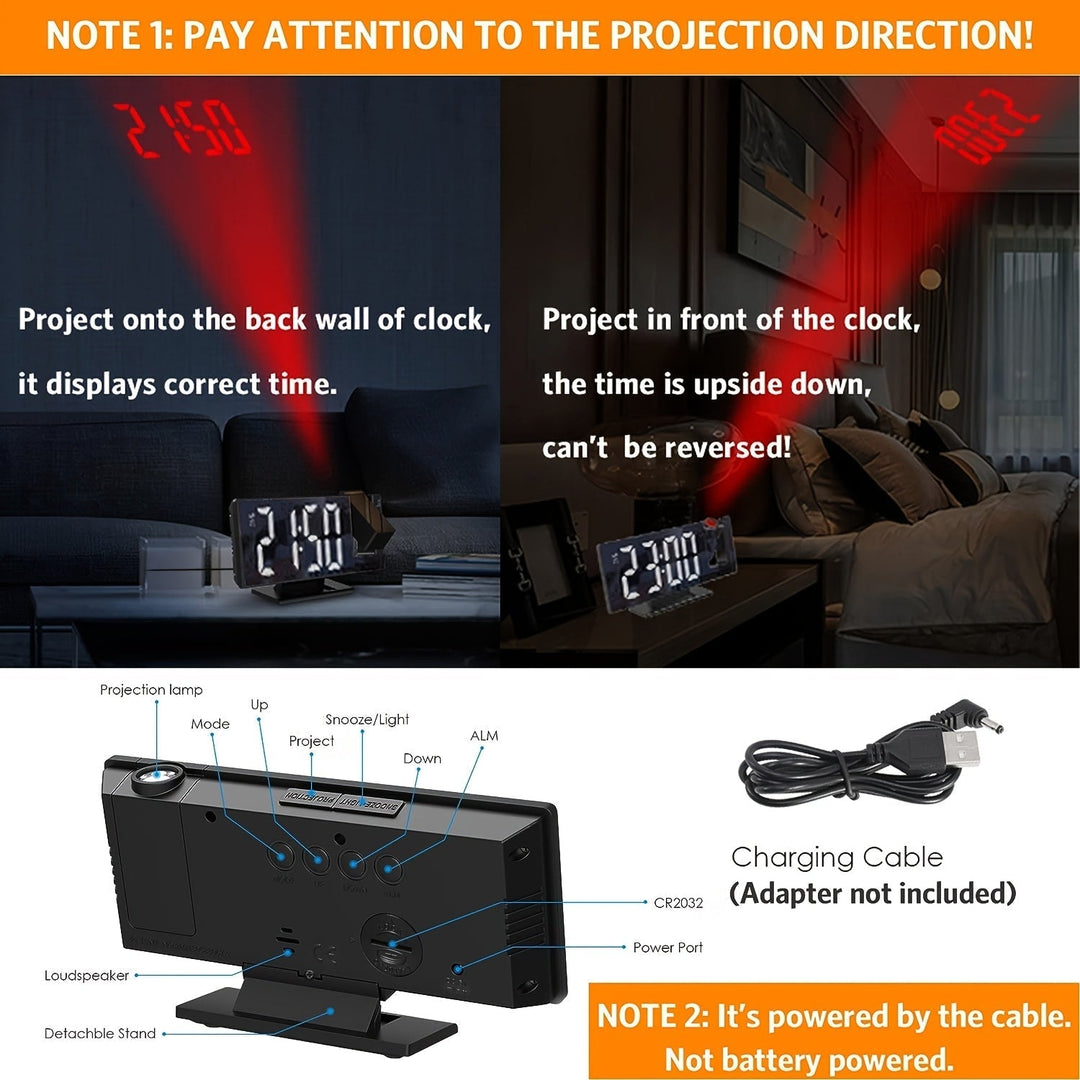 Alarm Clock with LED Projection and Adjustable 180° Projection – Clear Display and Snooze Function for Bedroom or Office