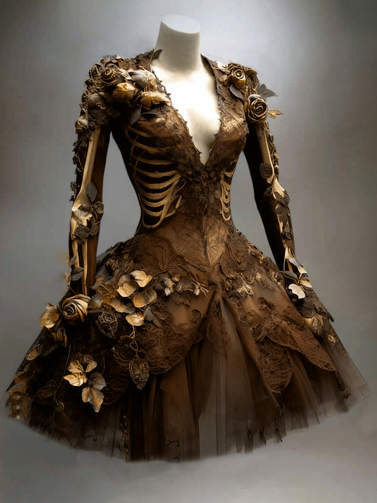 Women's Gothic Skeleton Long-Sleeve Mini Dress for Halloween