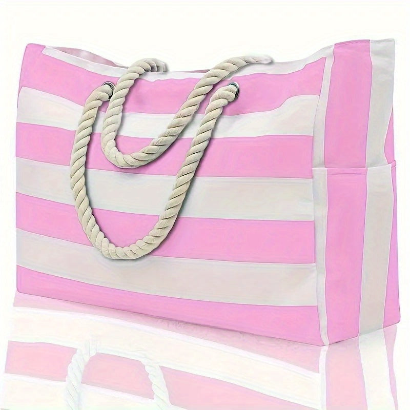 Large-Capacity Striped Beach Bag – Durable Polyester with Zip