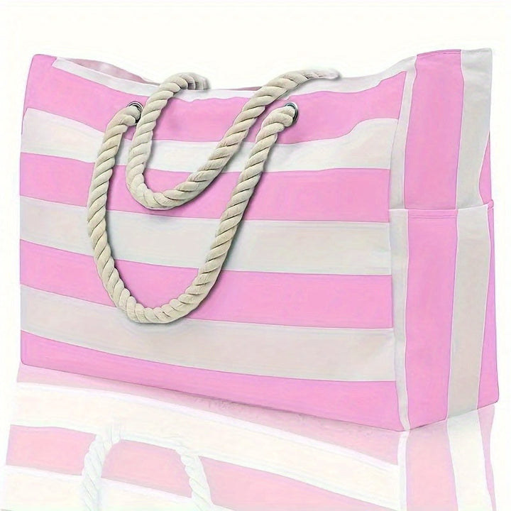 Large-Capacity Striped Beach Bag – Durable Polyester with Zip