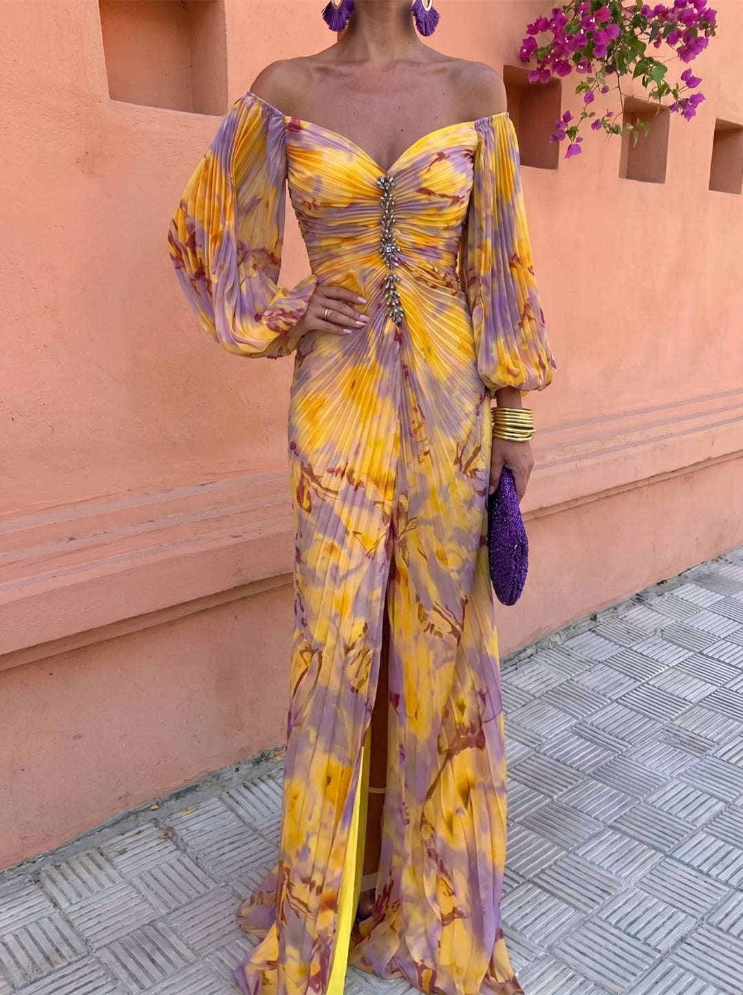 Women's Floral Maxi Dress with Off-Shoulder Neckline and Pleated Skirt