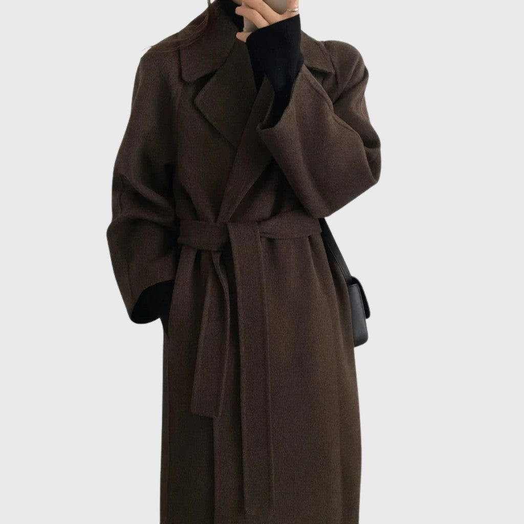 Women's Belted Wool Wrap Coat with Notched Collar — image 1