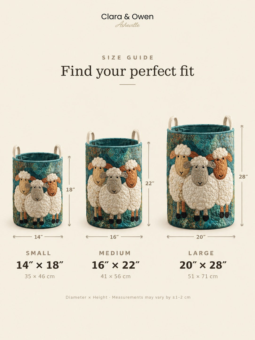 Quilted fabric laundry hamper with canvas handles, freestanding, 3 sizes