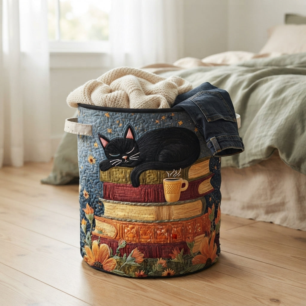 Quilted cat library laundry basket with handles, foldable laundry basket in 3 sizes