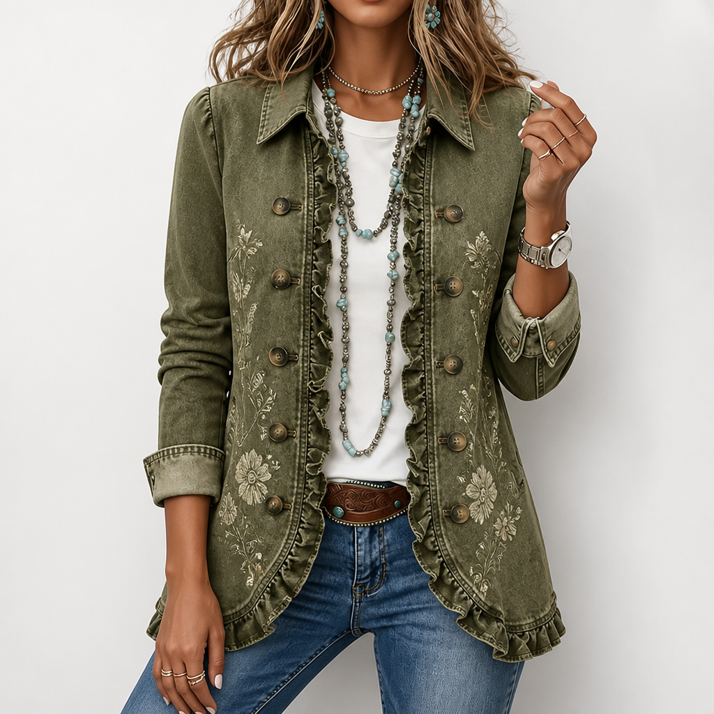 Floral Embroidered Utility Jacket – Vintage Boho Style with Ruffle Trim