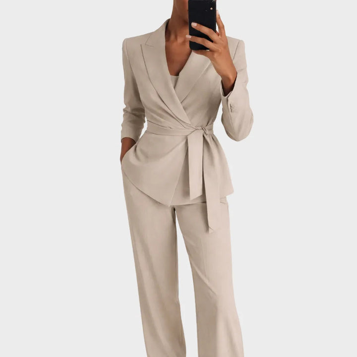 Women's Blazer and Trousers Set with Wrap Front and Tie Belt