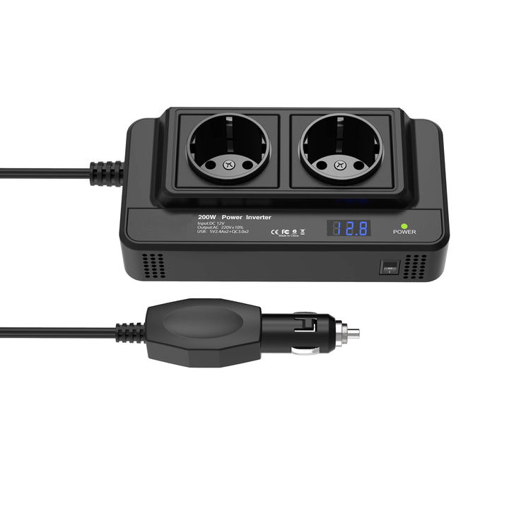Compact Car Inverter 200W – Double Sockets & Four USB Ports
