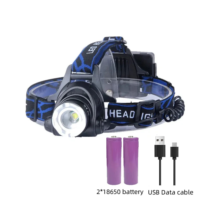 Powerful Waterproof LED Headlamp with Zoom and Rechargeable Battery for Outdoor Activities