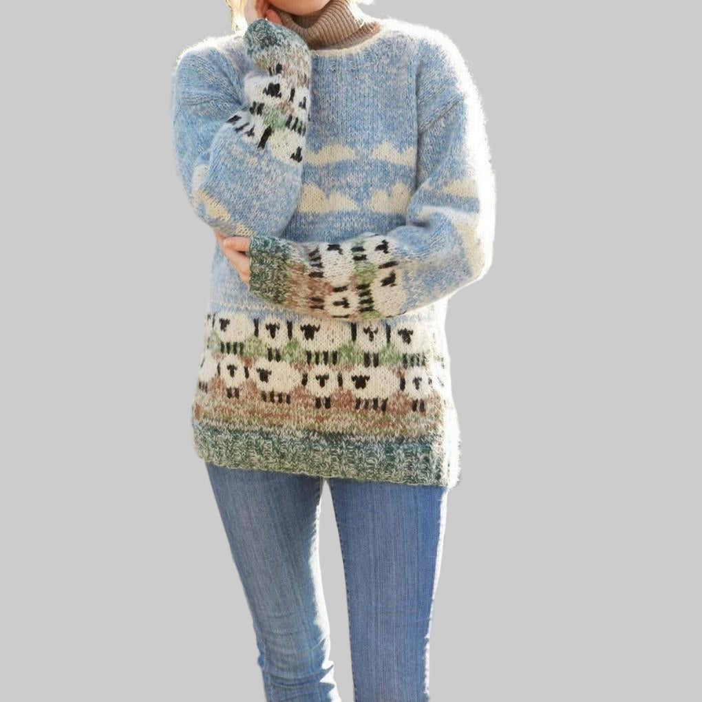 Women’s Sheep Knit Pullover Sweater – Charming Winter-Playfulness