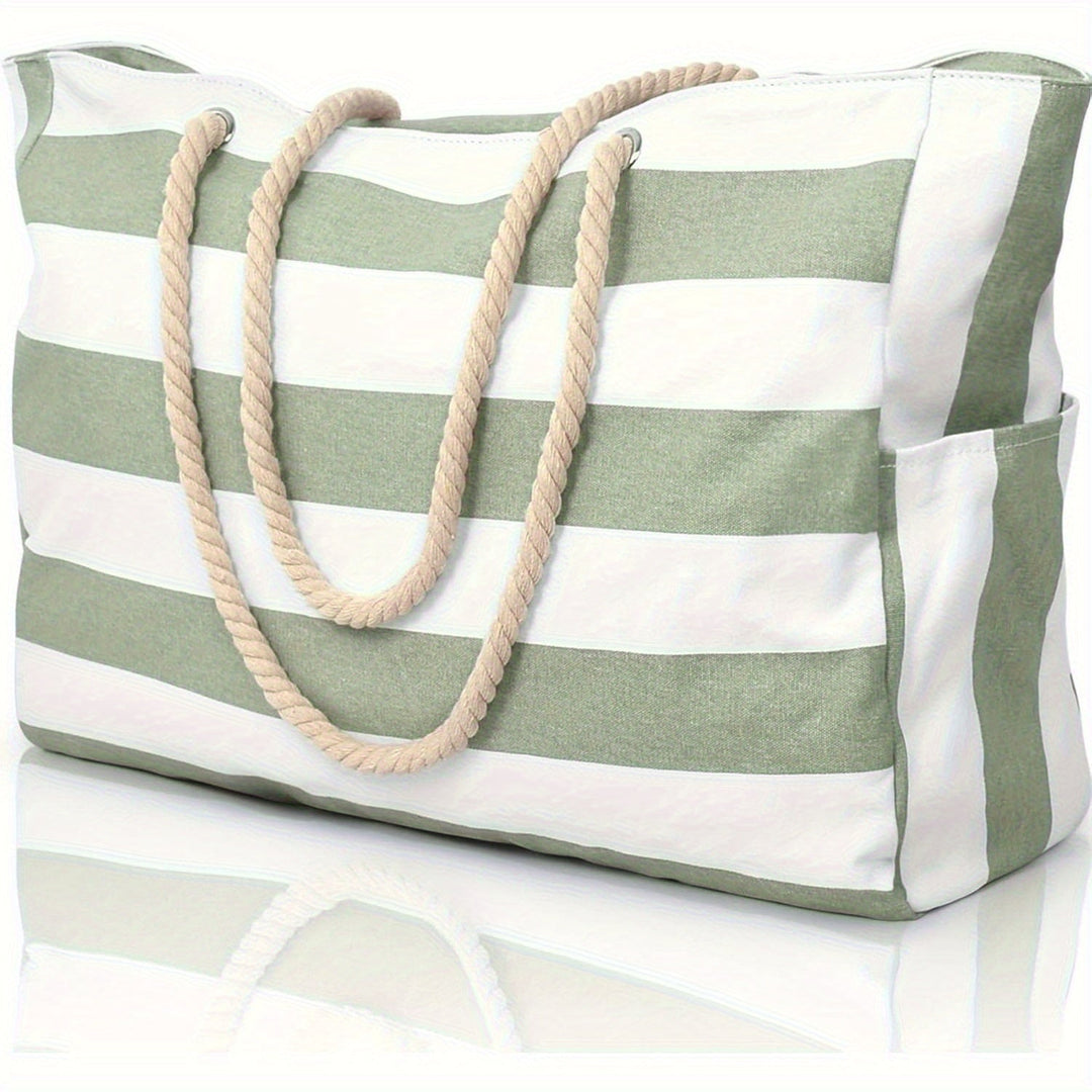 Large-Capacity Striped Beach Bag – Durable Polyester with Zip