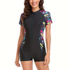Geometric Print Swimsuit with Zipper and Short Sleeves