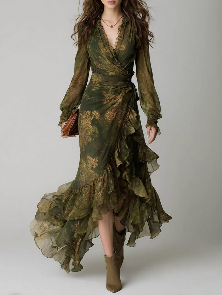 Women's Long Wrap Maxi Dress with V-Neck, Long Sleeves and Tiered Ruffles in Green Floral Print
