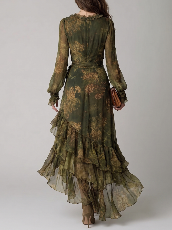 Women's Long Wrap Maxi Dress with V-Neck, Long Sleeves and Tiered Ruffles in Green Floral Print