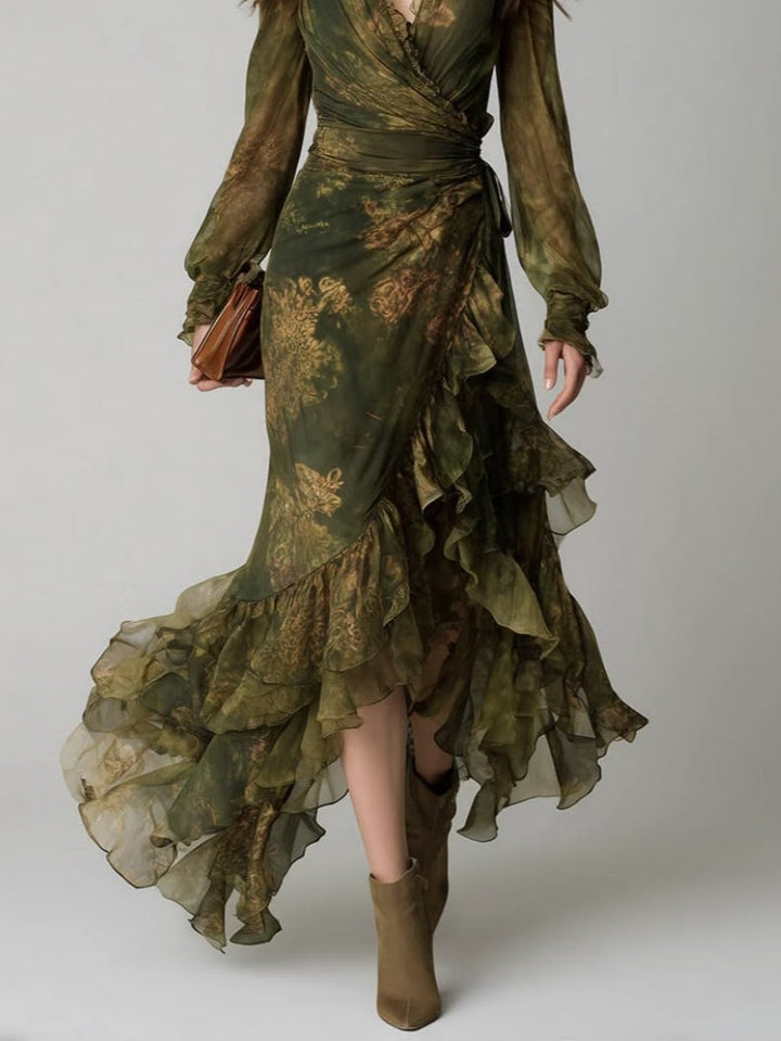 Women's Long Wrap Maxi Dress with V-Neck, Long Sleeves and Tiered Ruffles in Green Floral Print