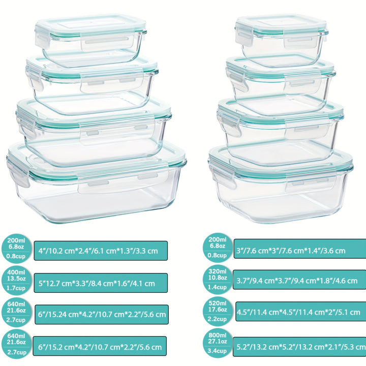 Set aus 8 Glasbehältern für Lebensmittel – Bento-Boxen zur Essensvorbereitung, luftdicht, mit auslaufsicheren Deckeln, geeignet für Mikrowelle, Backofen, Gefrierschrank und Spülmaschine, BPA-frei