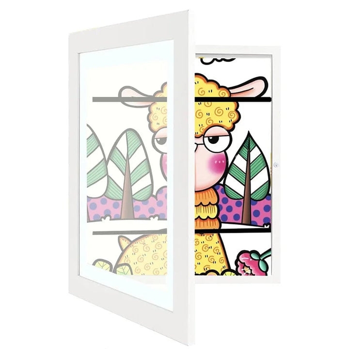 Children's picture frame with hinged opening for A4 drawings, holds up to 150 pieces, MDF and tempered glass