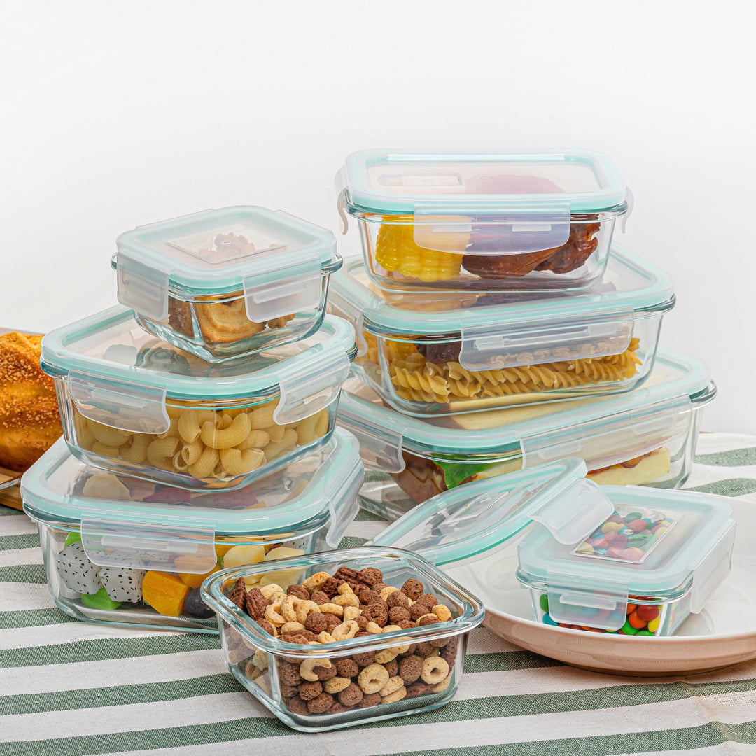 Set aus 8 Glasbehältern für Lebensmittel – Bento-Boxen zur Essensvorbereitung, luftdicht, mit auslaufsicheren Deckeln, geeignet für Mikrowelle, Backofen, Gefrierschrank und Spülmaschine, BPA-frei