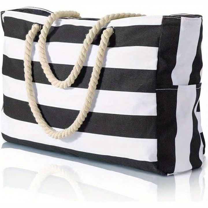 Large-Capacity Striped Beach Bag – Durable Polyester with Zip