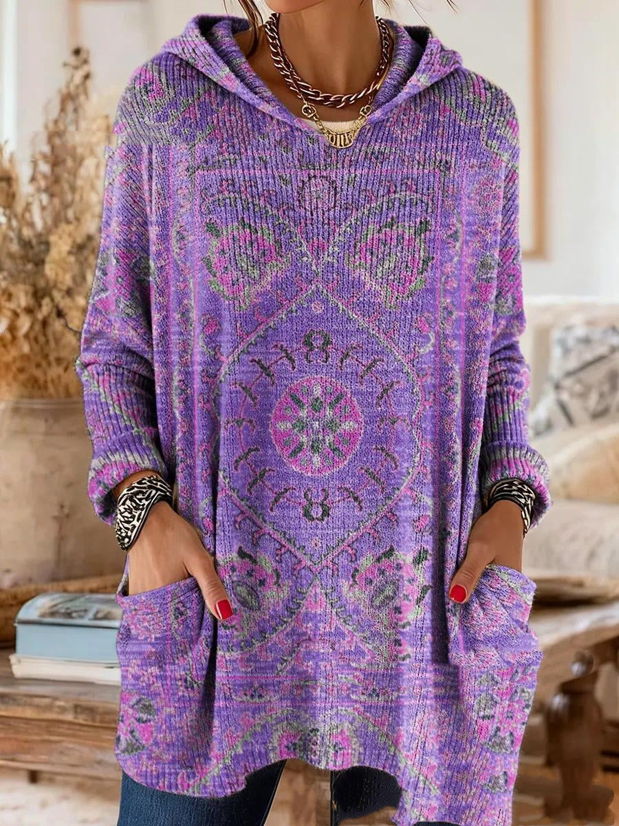 Bohemian-print hooded tunic top with relaxed fit and long sleeves