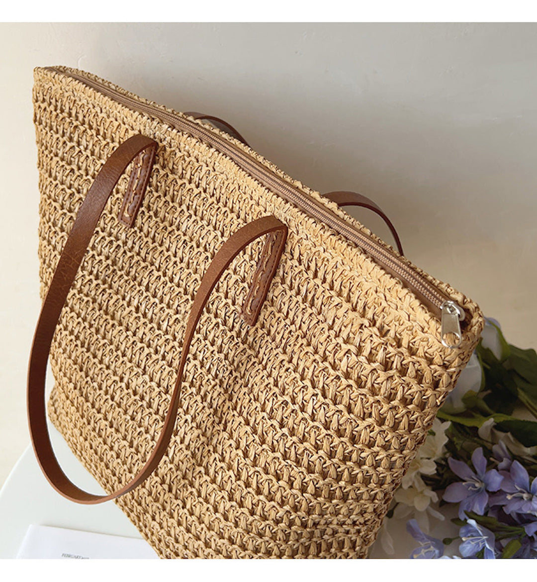 Woven Basket Bag with Leather Handles – SummerBreeze Bag