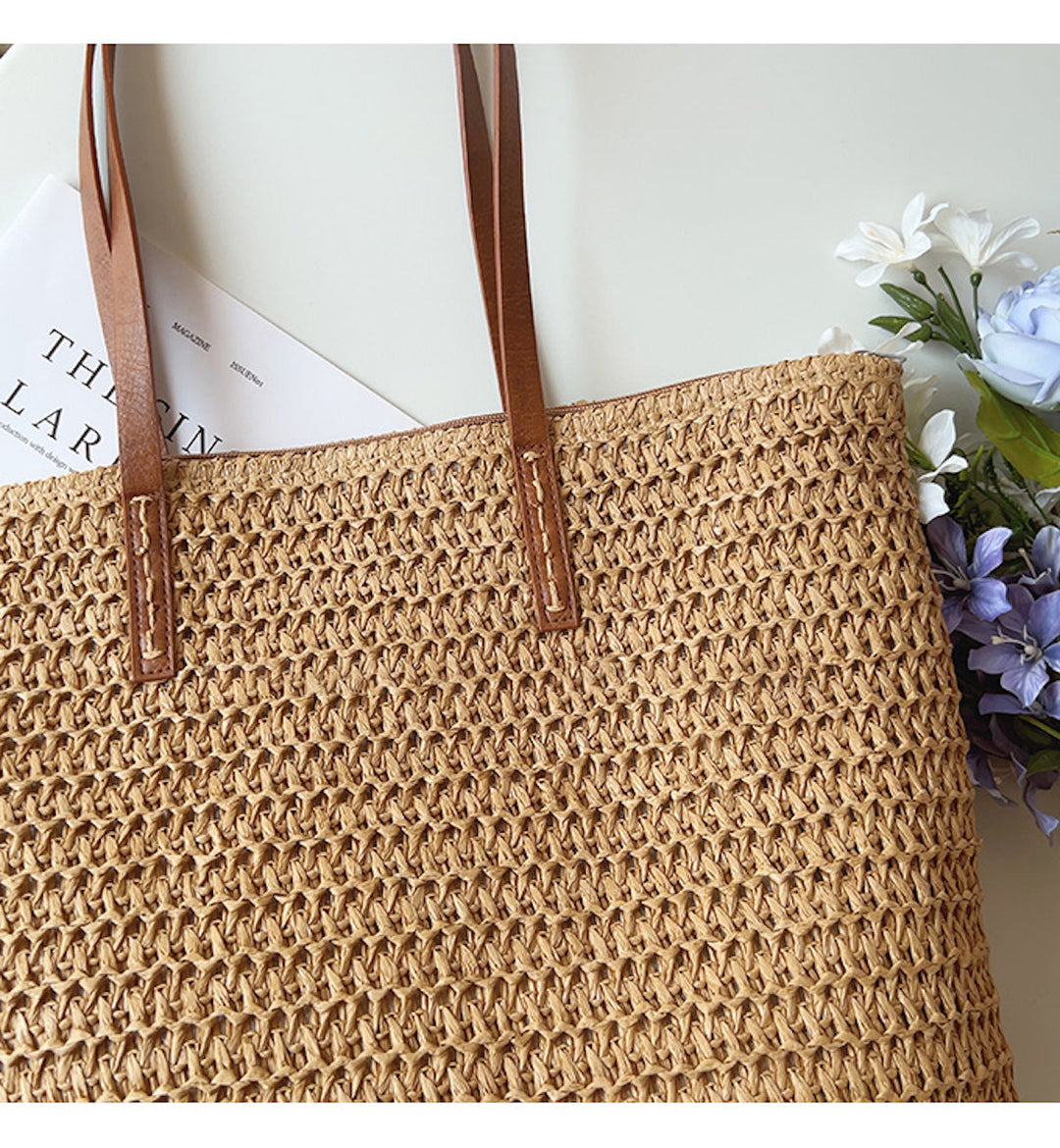 Woven Basket Bag with Leather Handles – SummerBreeze Bag