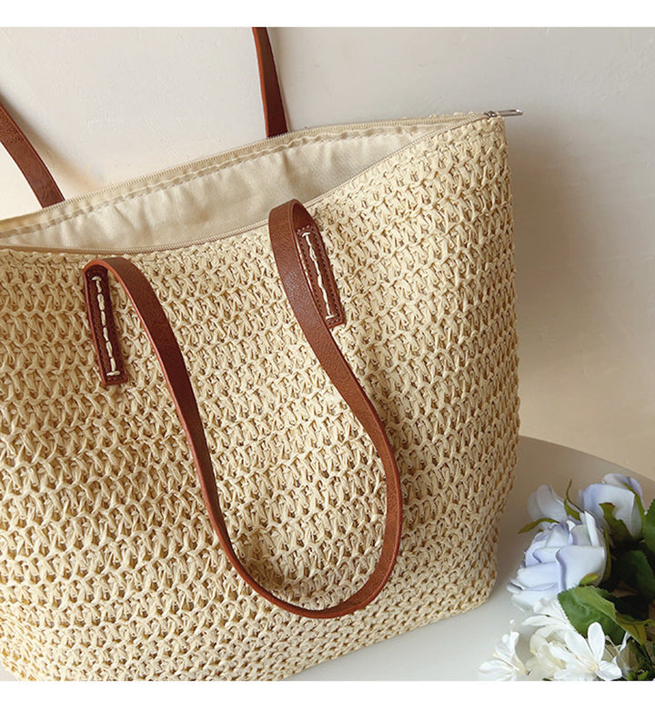 Woven Basket Bag with Leather Handles – SummerBreeze Bag