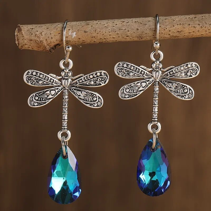 Vintage Blue Cubic Zirconia Dragonfly Earrings
