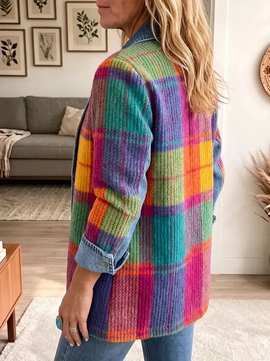 Vintage-Style Patchwork Check Jacket with Denim Trim
