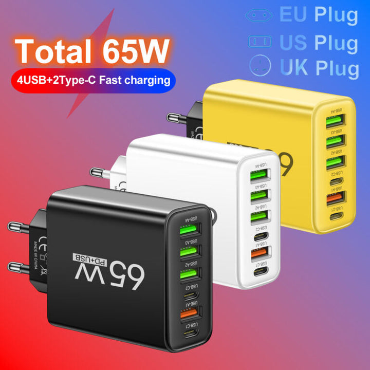 PowerMax 65W 6-in-1 Fast Charger – Charges up to 6 Devices Simultaneously – Ideal for Home, Office and Travel