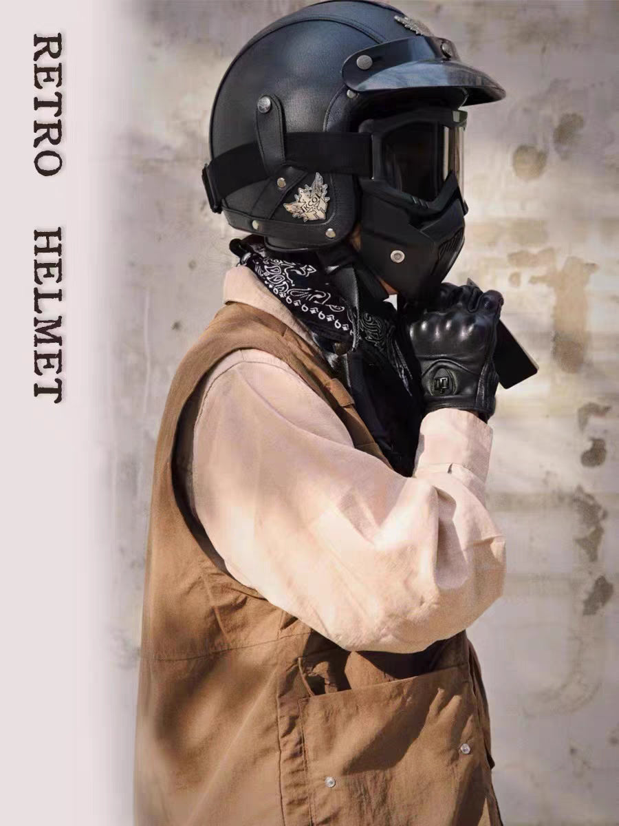 Vintage Open-Face Retro Motorcycle Helmet with Mask and Goggles