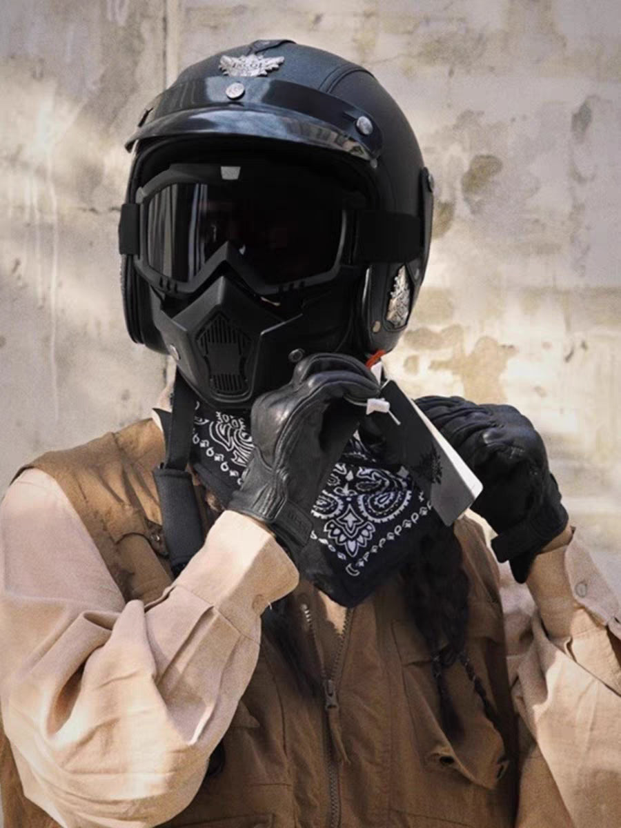 Vintage Open-Face Retro Motorcycle Helmet with Mask and Goggles