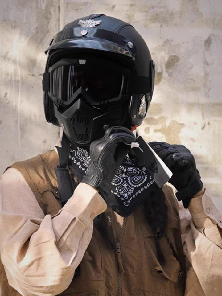Vintage Open-Face Retro Motorcycle Helmet with Mask and Goggles