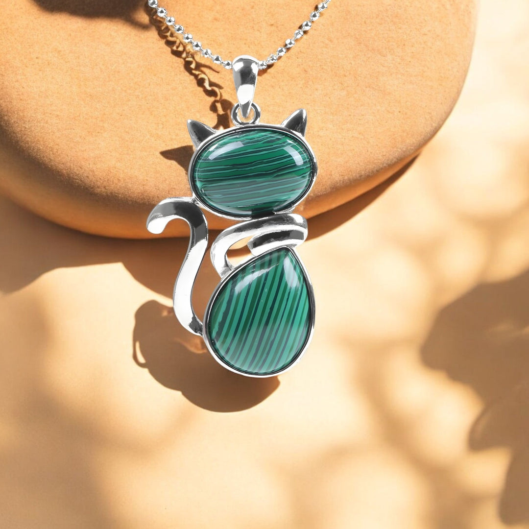 Elegant Natural Stone Necklace with Cat Pendant