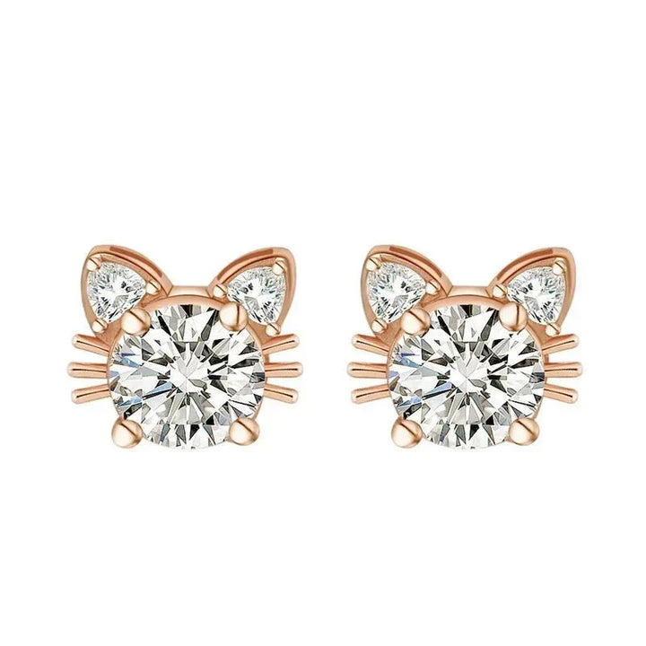 Moissanite Pink Gold Cat Stud Earrings in Sterling Silver