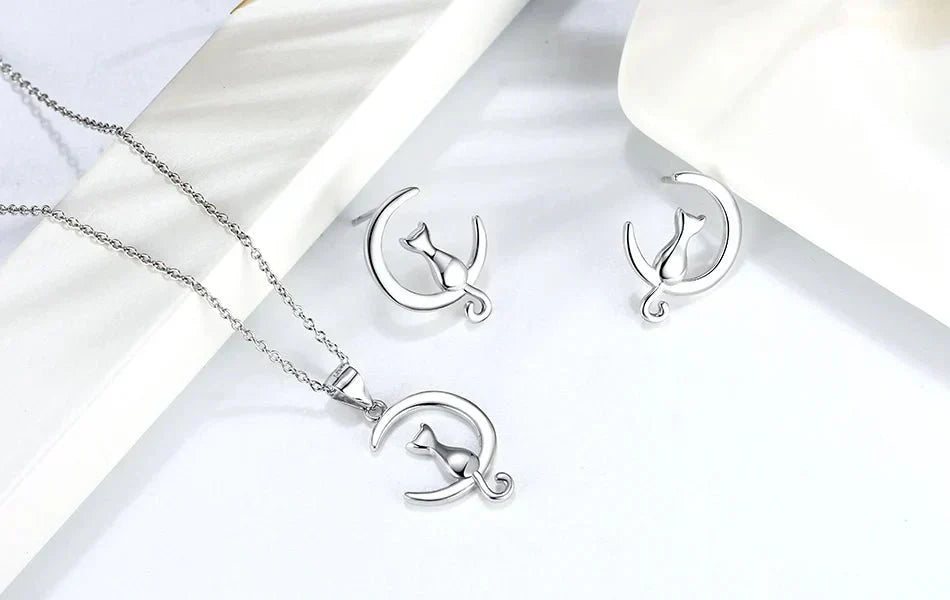 Moon & Cat Sterling Silver Cat Stud Earrings
