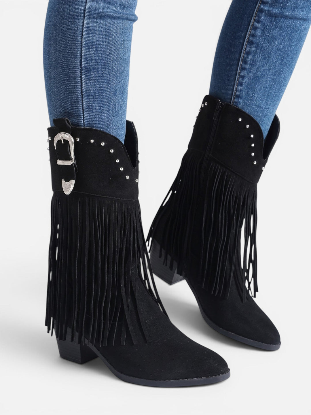 Women's Faux Suede Studded Fringe Cowboy Boots