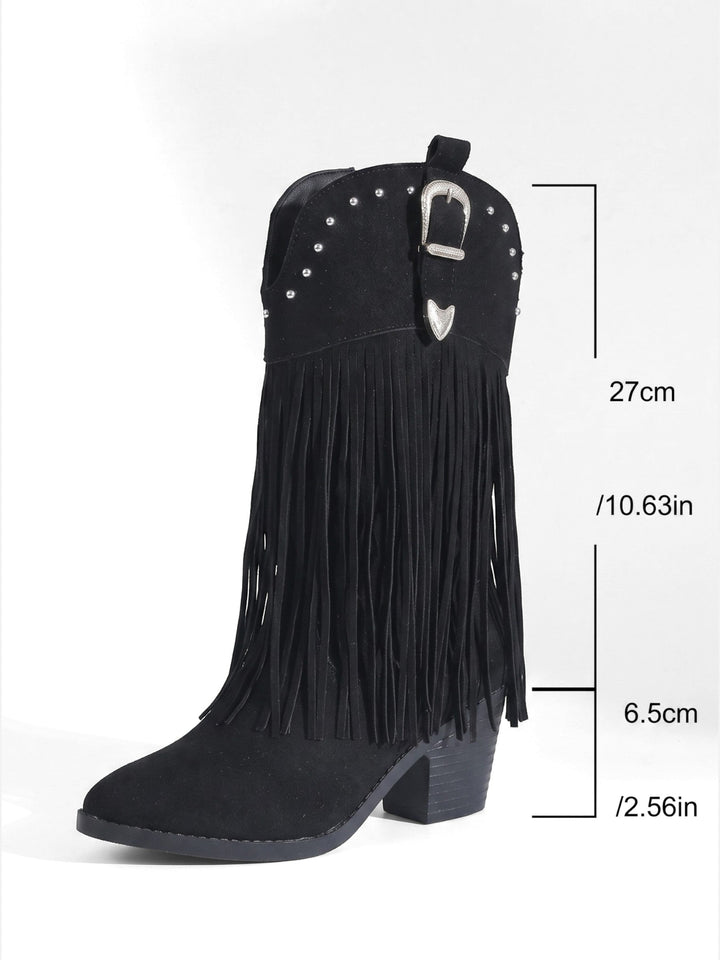 Women's Faux Suede Studded Fringe Cowboy Boots