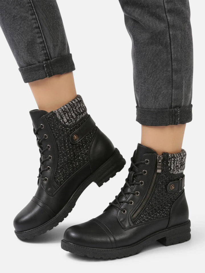 Women's Leather Combat Ankle Boots with Knit Panel