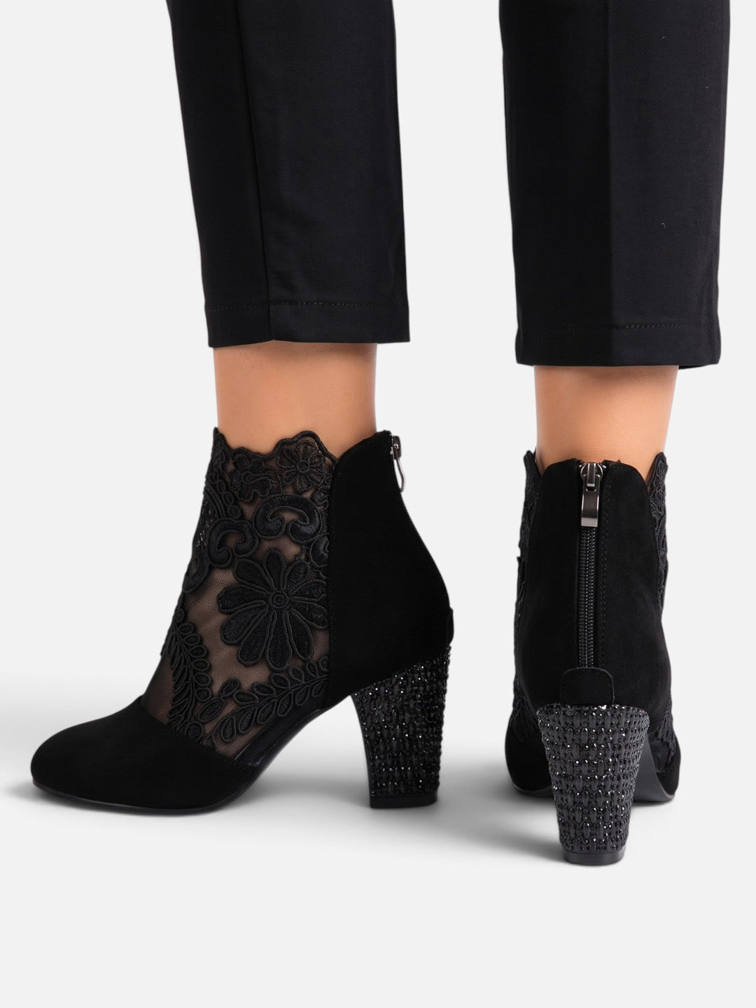 Women's Lace Ankle Boots with Rhinestone Heel