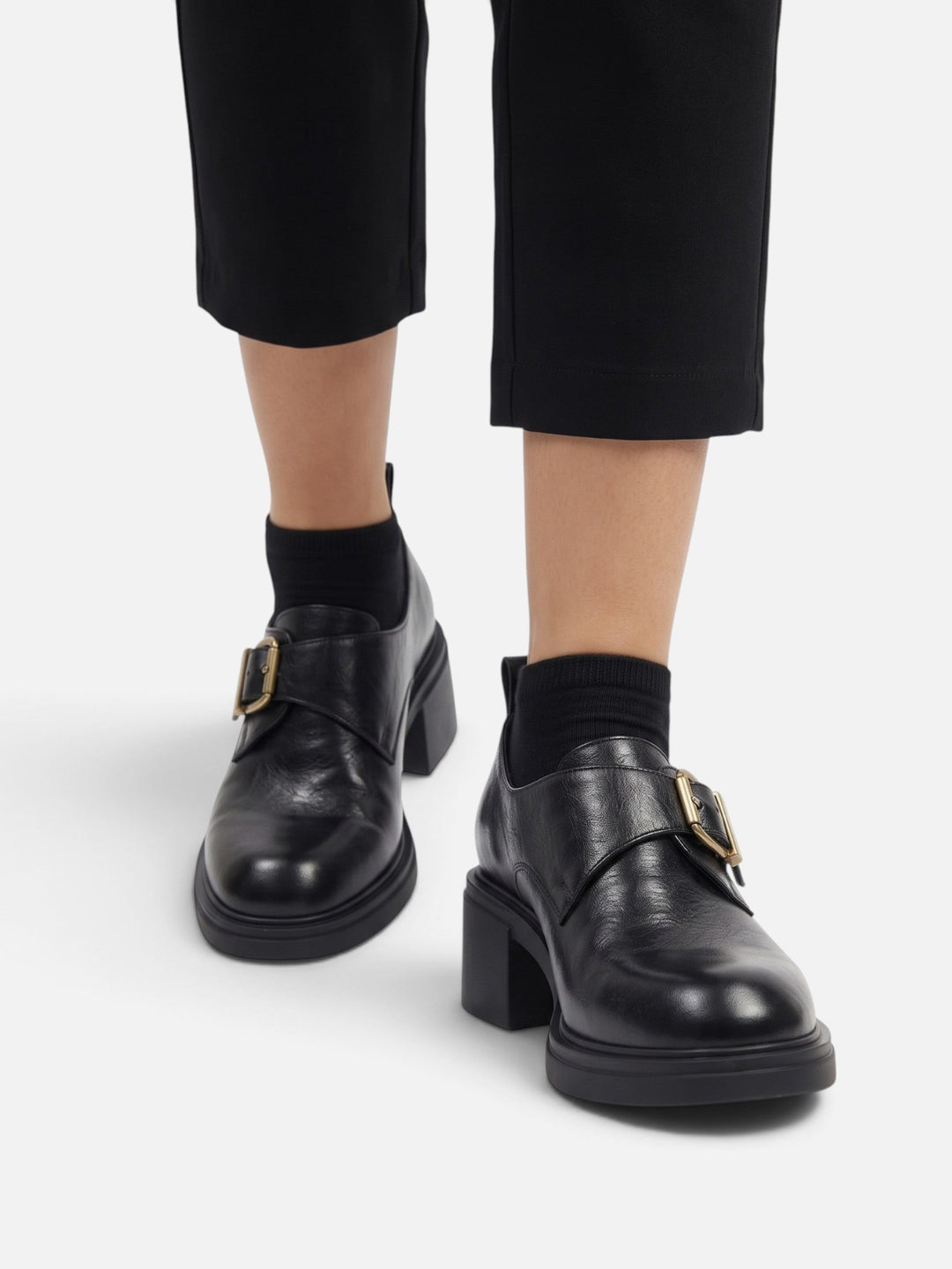 Women's Leather Buckle Loafers with Block Heel