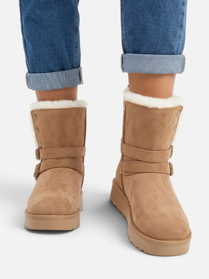 Women's Faux Suede Ankle Boots with Faux Fur and Buckles