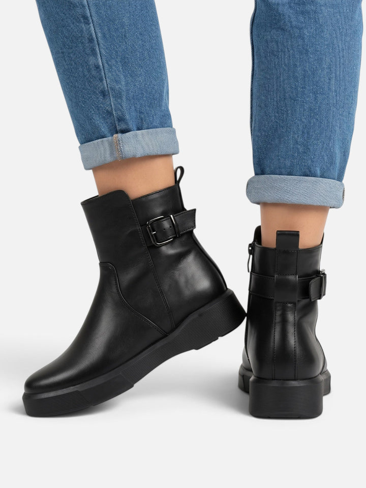 Women's Leather Buckle Ankle Boots with Chunky Sole