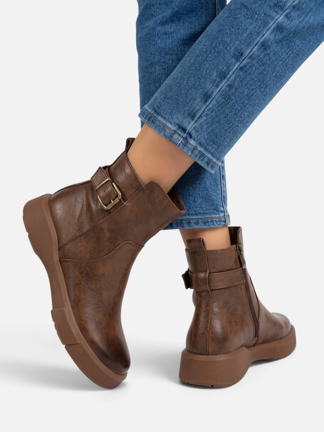 Women's Leather Buckle Ankle Boots with Chunky Sole