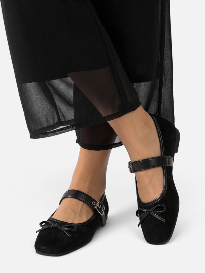Women's Suede Mary Jane Ballet Flats with Bow and Buckle