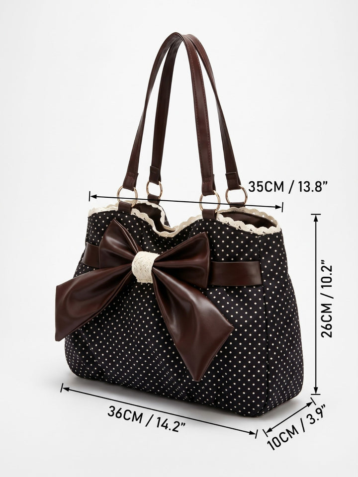 Women's Polka Dot Tote Bag with Bow and Lace Trim