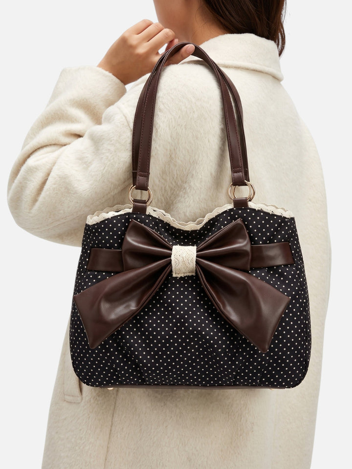 Women's Polka Dot Tote Bag with Bow and Lace Trim