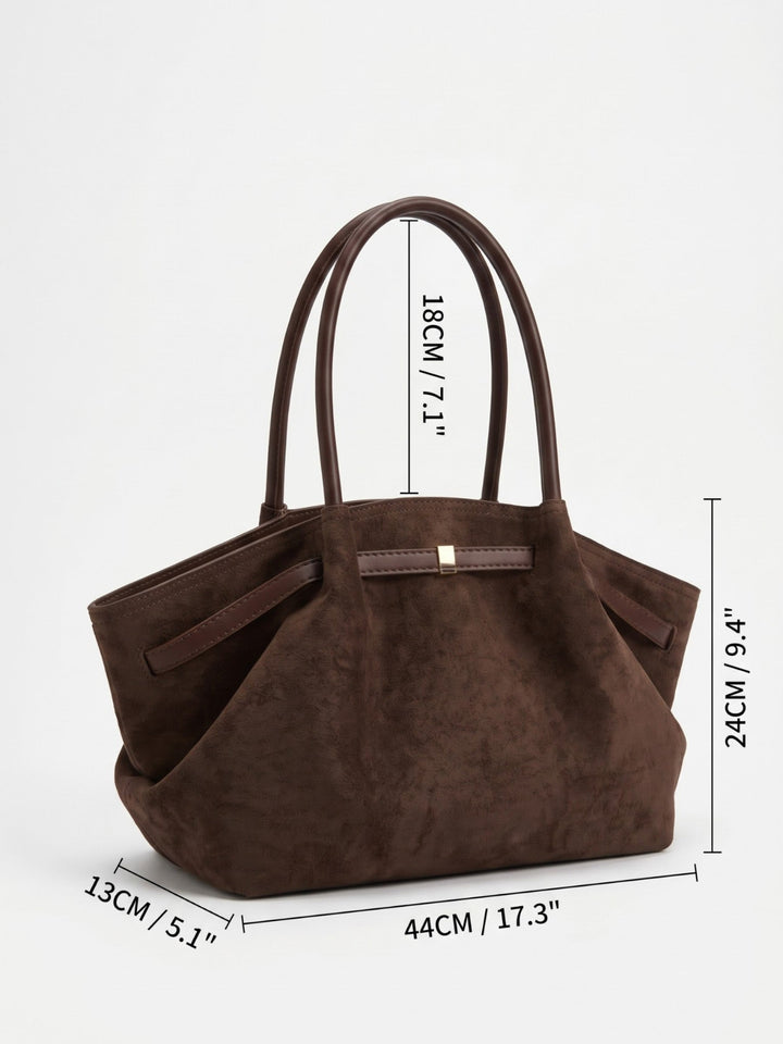 Women's Faux Suede Shoulder Tote Bag with Belt Detail