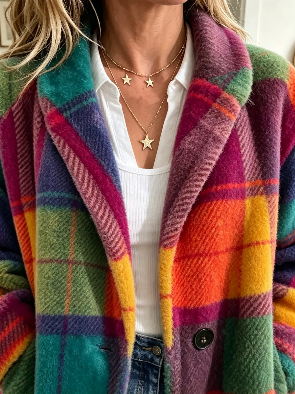 Women's checked coat with soft texture and pockets